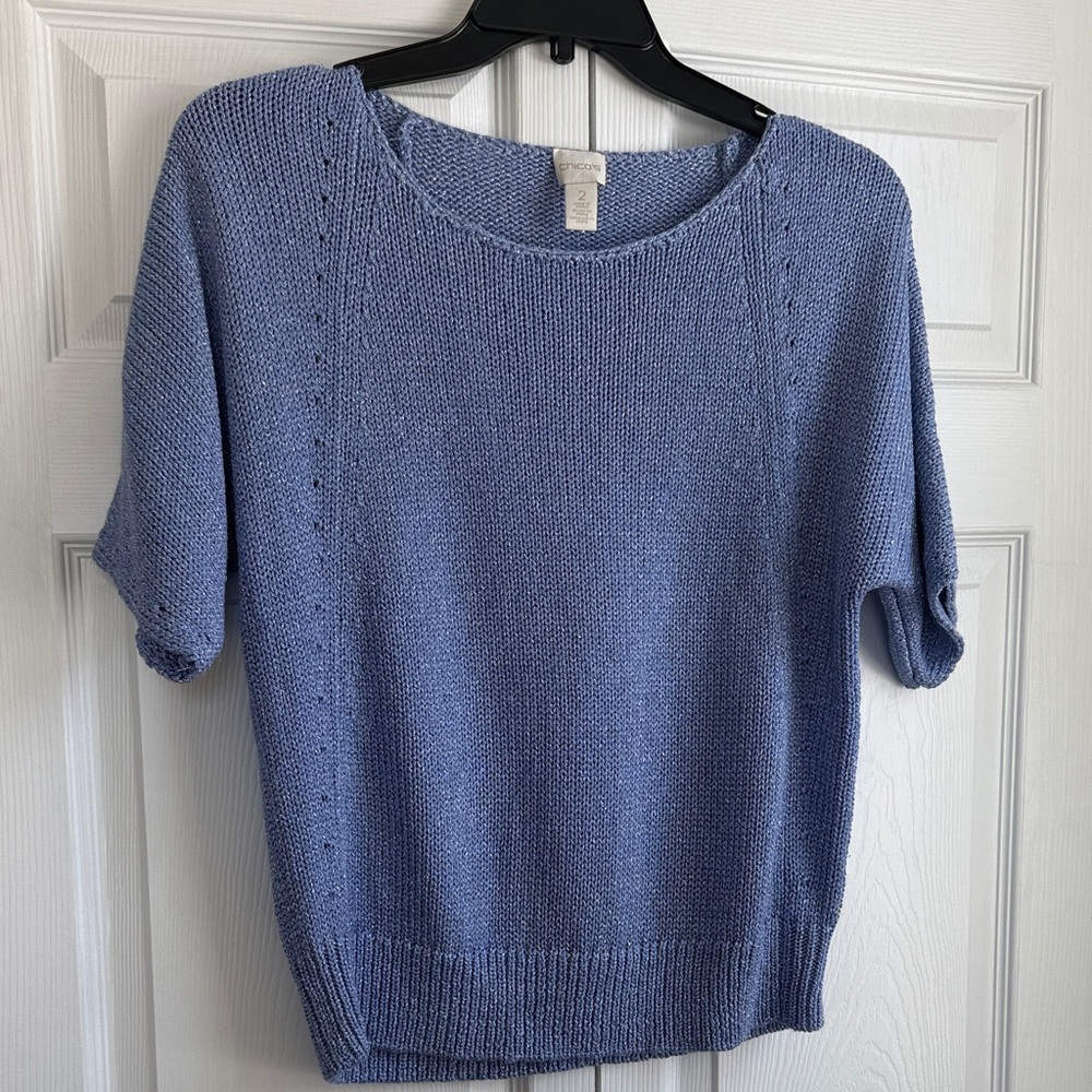 CHICO'S Knit Silver Shimmer Sweater Size 2 - 12 - 14 Short sleeve Blue